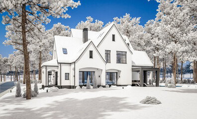 3d rendering of cute cozy white and black modern Tudor style house with parking  and pool for sale or rent with beautiful landscaping. Fairy roofs. Cool winter day with shiny white snow.