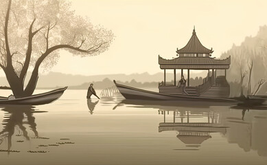 Generative AI illustration of Chinese Japanese Sumi-e style of Asian landscape peaceful Zen Buddhist image