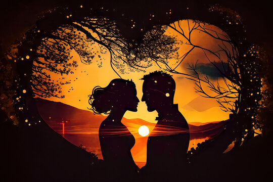 the silhouette of a couple in love in the shape of a heart against the sunset. Generative AI