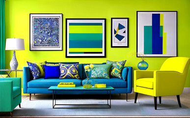 Bold and colorful gallery wall with mix-and-match frames in shades of blue, yellow and green, set against a blue sofa | Interior design of a living room | Generative Ai | Blank frame mockup