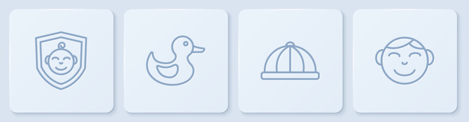 Set line Baby on shield, hat, Rubber duck and Little boy head. White square button. Vector