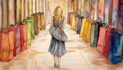 Obraz na płótnie Canvas The girl carries colorful paper bags in the mall corridor. (Generative AI)