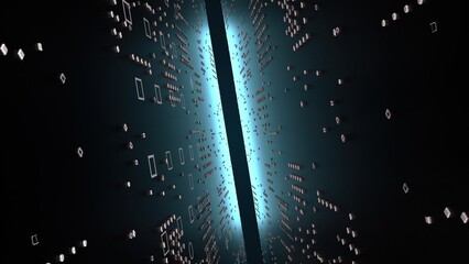 Obraz premium 3d technology tunnel, computer generated. 3d rendering of narrow space between chips and neon light. Sci-fi background