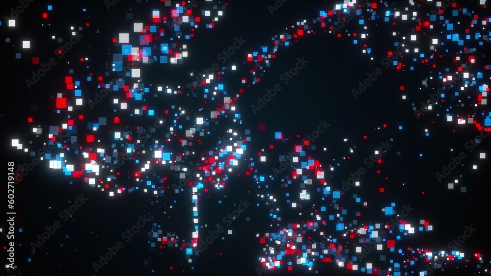 Poster turbulence movement of small square particles. computer generated 3d rendering. abstract backdrop