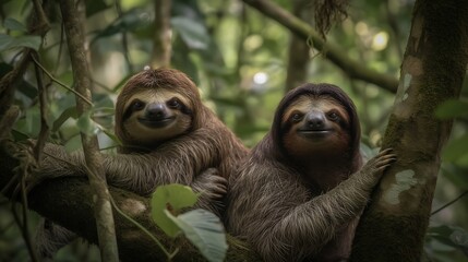 Fototapeta premium Sloth on a tree. Generative AI