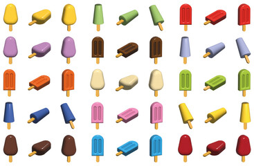 Set of popsicles or ice creams of different colors and flavors. 3D illustration. illustration in different angles. Graphic resources for video games.