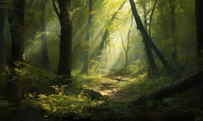  a painting of a path in a forest with sunlight streaming through the trees.  generative ai