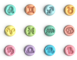 3D illustration. Set of the zodiac signs. Pastel colors.Astrological zodiac signs. Aries, taurus, leo and gemini horoscope, virgo, scorpio, libra, aquarius zodiac, sagittarius, pisces, capricorn