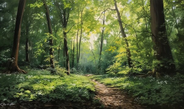  a painting of a path through a forest with green trees.  generative ai