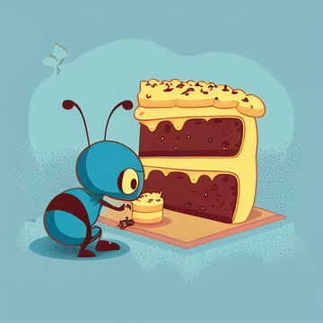 Ilustração de uma formiga comendo um pedaço de bolo de açucar IA generativa