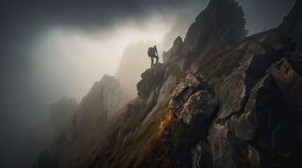 Man climbing the Mountain. heavy weather, fog. Man hiking with backpack. 