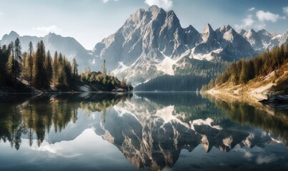 a mountain range is reflected in a lake surrounded by pine trees.  generative ai