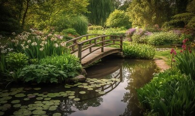  a wooden bridge over a small pond surrounded by greenery.  generative ai