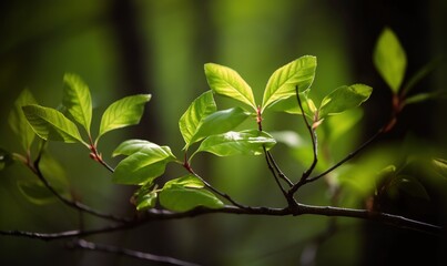 Obraz premium a branch with green leaves on it in a forest setting. generative ai