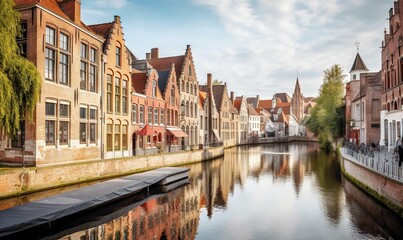 Fototapeta premium a river running through a city next to tall brick buildings. generative ai