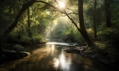 Obraz premium a stream running through a lush green forest filled with trees. generative ai