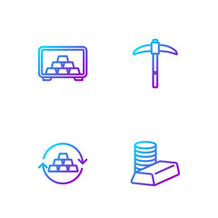 Set line Gold coin with gold bars, exchange money, Safe and Pickaxe. Gradient color icons. Vector