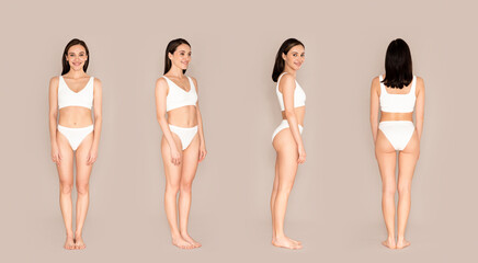 Front, side and back view photo of young slim woman