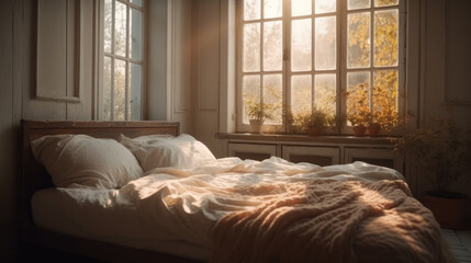 A Serene Bedroom Scene with an Empty Bed, a Window Framing Trees, and Beautiful Light Streaming In for a Peaceful Retreat

