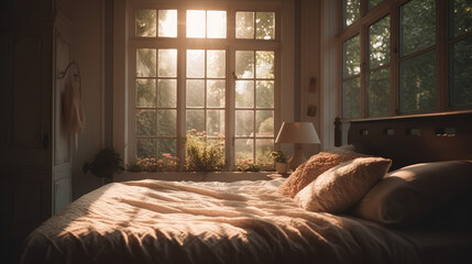 A Serene Bedroom Scene with an Empty Bed, a Window Framing Trees, and Beautiful Light Streaming In for a Peaceful Retreat

