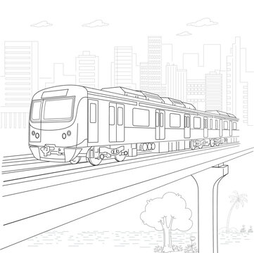 Metro train vector sketch in black lines Background Illustration