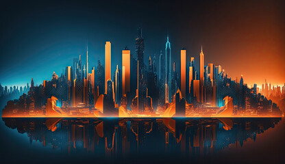 Blue and orange color Neon mega city capital towers with futuristic technology background, future modern building virtual reality, digital design, digital technology scene with Generative Ai.