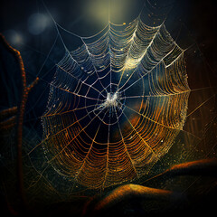 Uma teia de aranha com um fundo escuro - obrazy, fototapety, plakaty