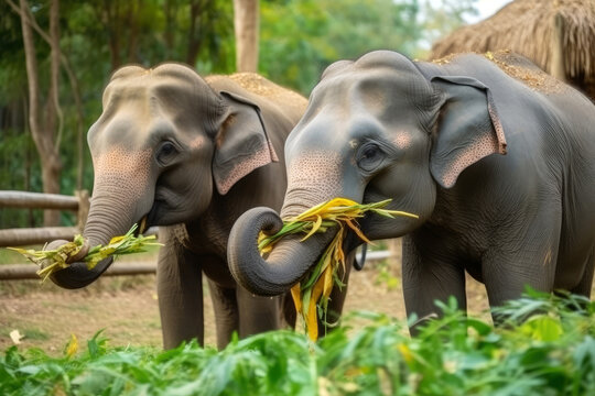 Asia Elephants family walking in the natural park, Animal wildlife habitat in the nature forest, beautiful of life, massive body part, largest mammal, with Generative AI.