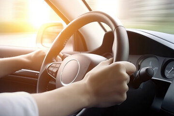 Close up hand holing or controlling steering wheel of car for driving, point of view inside car, on the highway road, with Generative Ai.