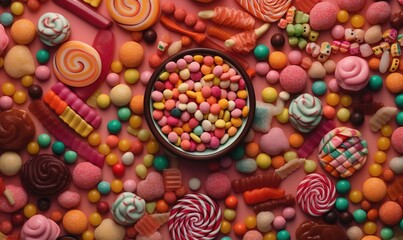  a bowl filled with lots of candy next to a pile of candies.  generative ai