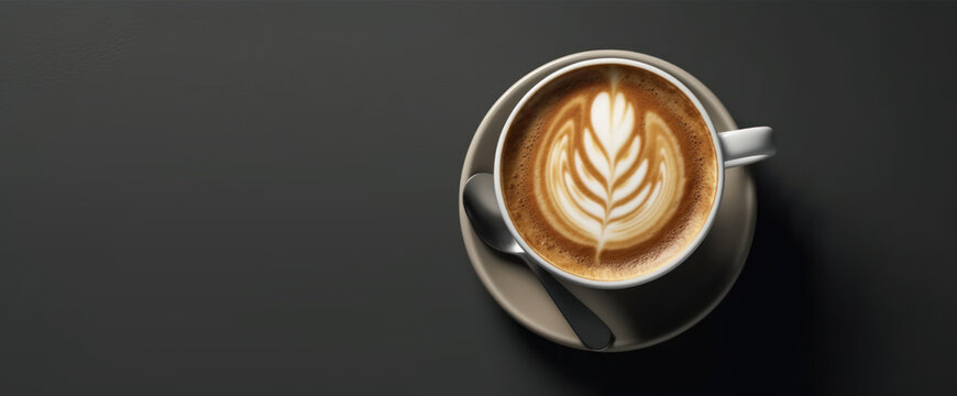 Panoramic image of a cup of coffee on an isolated gray banner background with space to copy. A hot drink made by a barista. Generative AI.
