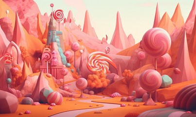  a painting of a landscape with candy land and mountains in the background.  generative ai