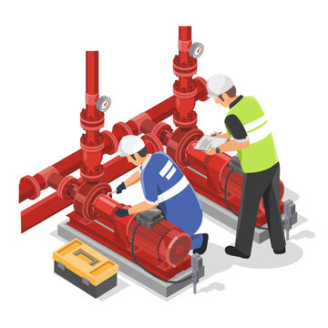 Technician working with Industrial Emergency Red Fire Water Pumps Maintenance Service concept isometric isolated cartoon