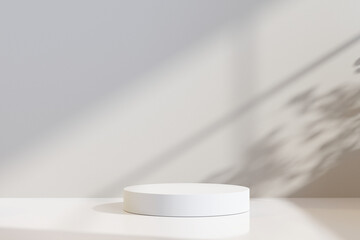 Brown product display podium in room with light of window background. 3D rendering	
