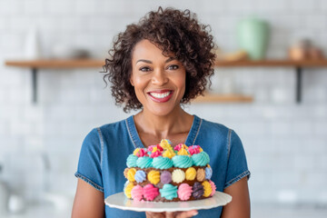 Smiling 40 year old woman holding a cake. Generative AI.