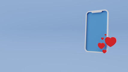 celular con un s&iacute;mbolo de corazones volando en 3d en fondo de color