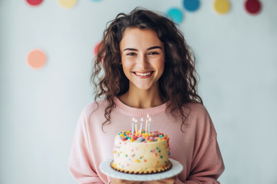 20 Year Old Woman Holding A Cake With Candles. Generative AI.