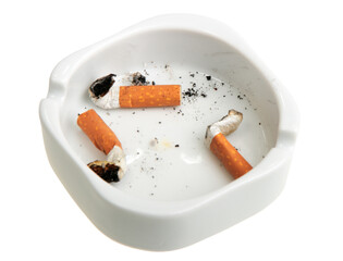 White ashtray with group a smoking butts. Close-up. Isolated on white background.