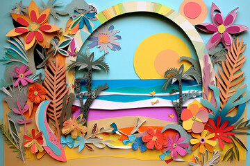 Fototapeta na wymiar Generative AI illustration of Cool trendy collage of summer in the beach handmade on scrapbook paper with vibrant colors