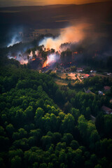 Generative AI illustration of forest and village in big summer fire due to lack of rain,stop climate change