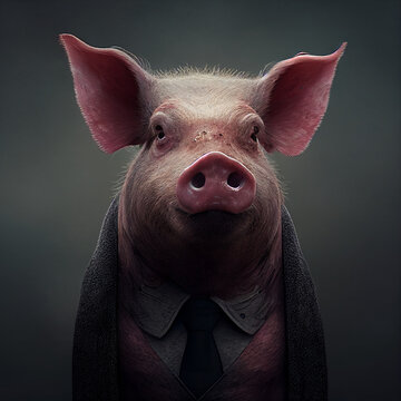 Animal porco com roupas formais em um fundo escuro