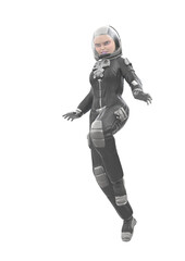 astronaut girl is floating and trying to find a place to land