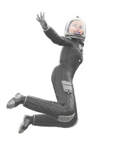 astronaut girl is doing a happy jump