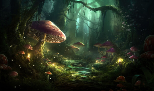  a painting of a forest with mushrooms and a stream of water.  generative ai