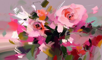 a painting of a vase filled with pink and red flowers.  generative ai