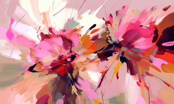  a painting of pink flowers on a white background with a pink background. generative ai © Anna