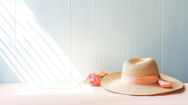 Minimalistischer Hintergrund, Sonnenhut mit Schleife auf hellrosa Tisch vor hellblauer Wand und Blume im Sonnenlicht, Generative AI