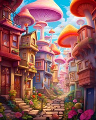 A painting of a mushroom house colorfull and beautiful generated ai