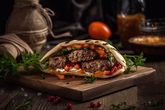 Appetizing kebab in pita bread with vegetables and herbs. Generative AI.