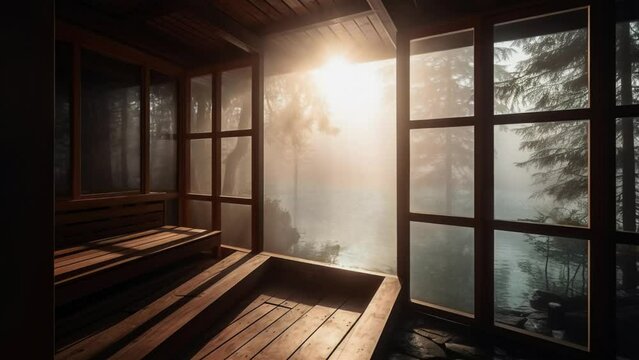 Sauna cabin retreat in the forest, hyper relaxing deep sleep meditation